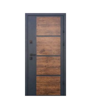 Входные двери  Qdoors модель Бонд Серия Стрит улица графит песок краска/декор темное дерево(профнастил) / Гладь дуб темный
