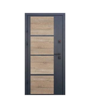 Входные двери  Qdoors модель Бонд Серия Стрит улица Графит песок краска/ декор дуб сонома (профнастил) / Vinorit белая