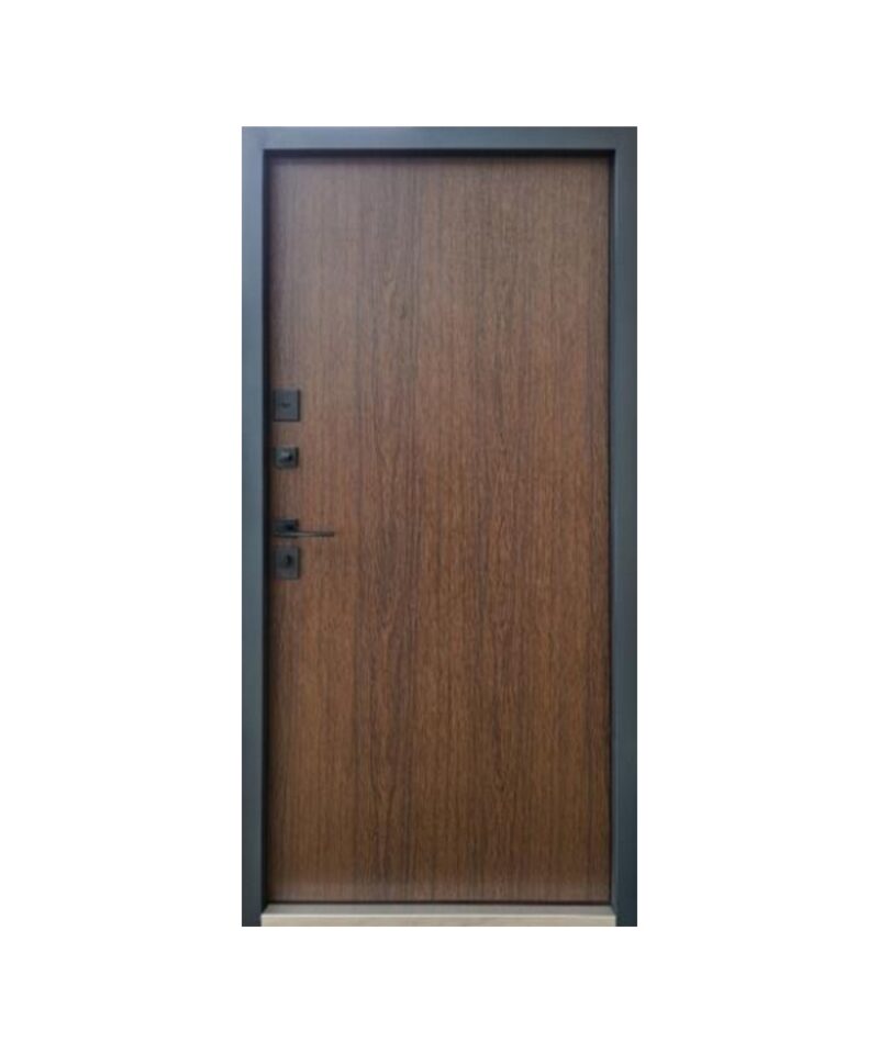 Входные двери  Qdoors модель Бонд Серия Стрит улица графит песок краска/декор темное дерево(профнастил) / Гладь дуб темный — изображение 4